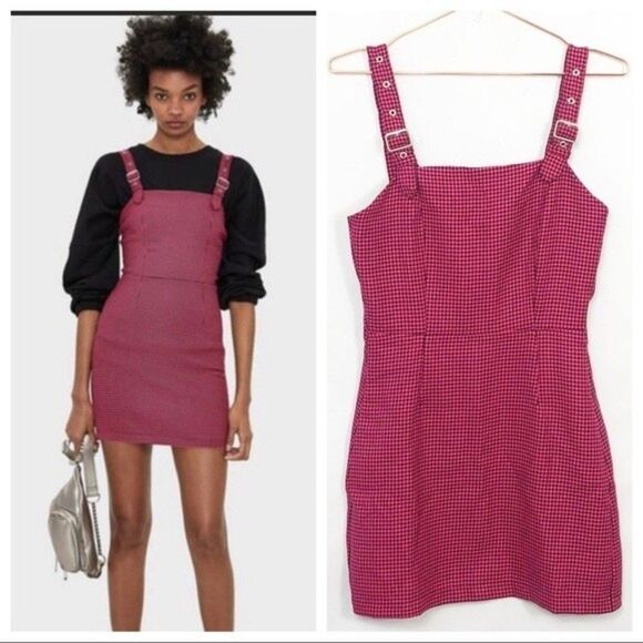 Bershka Houndstooth Overall Mini Dress Pink&Black New Without Tags Medium - Picture 2 of 9
